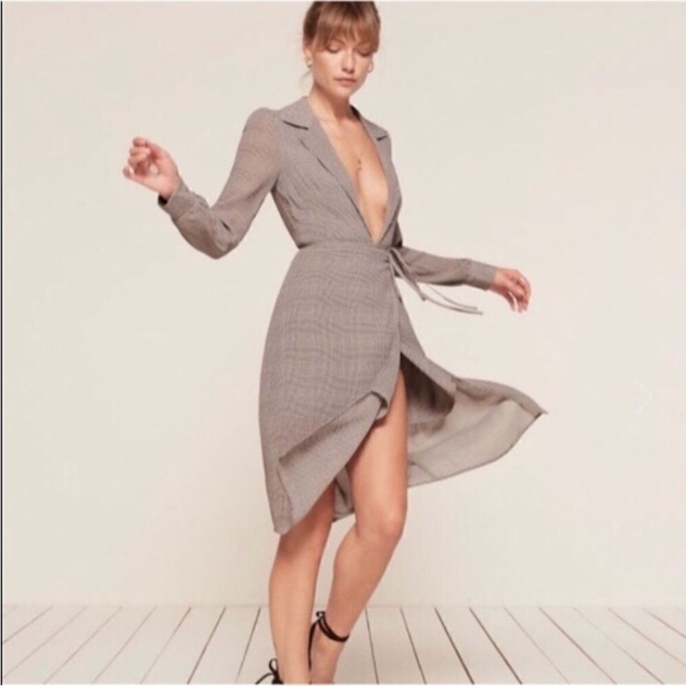 Reformation Salem Wrap Dress Grey Check XS